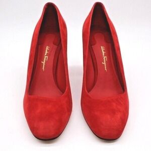 Salvatore Ferragamo Crezzo 85 Lipstick Red Suede Calf Block Heel Pumps Size‎ 10